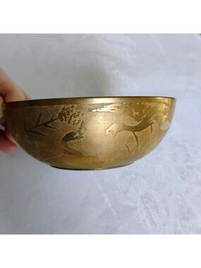 Vintage Chinese Etched Brass Bowl, Engraved Crane Design, 5" Dish, Signed Base